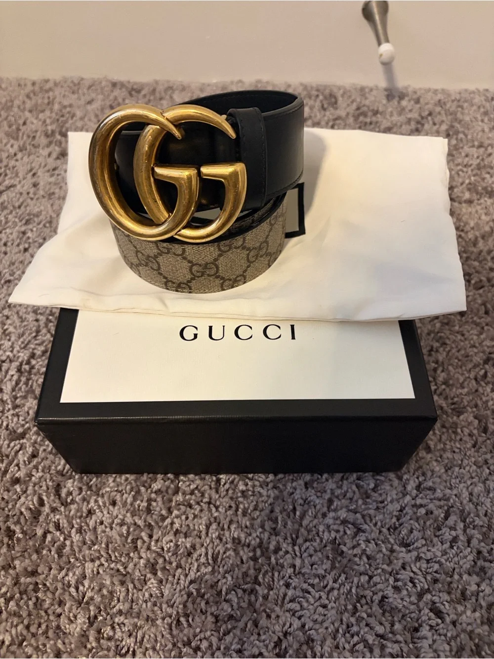 Gucci Brown Monogram & Black Leather Belt with Gold Double G Buckle